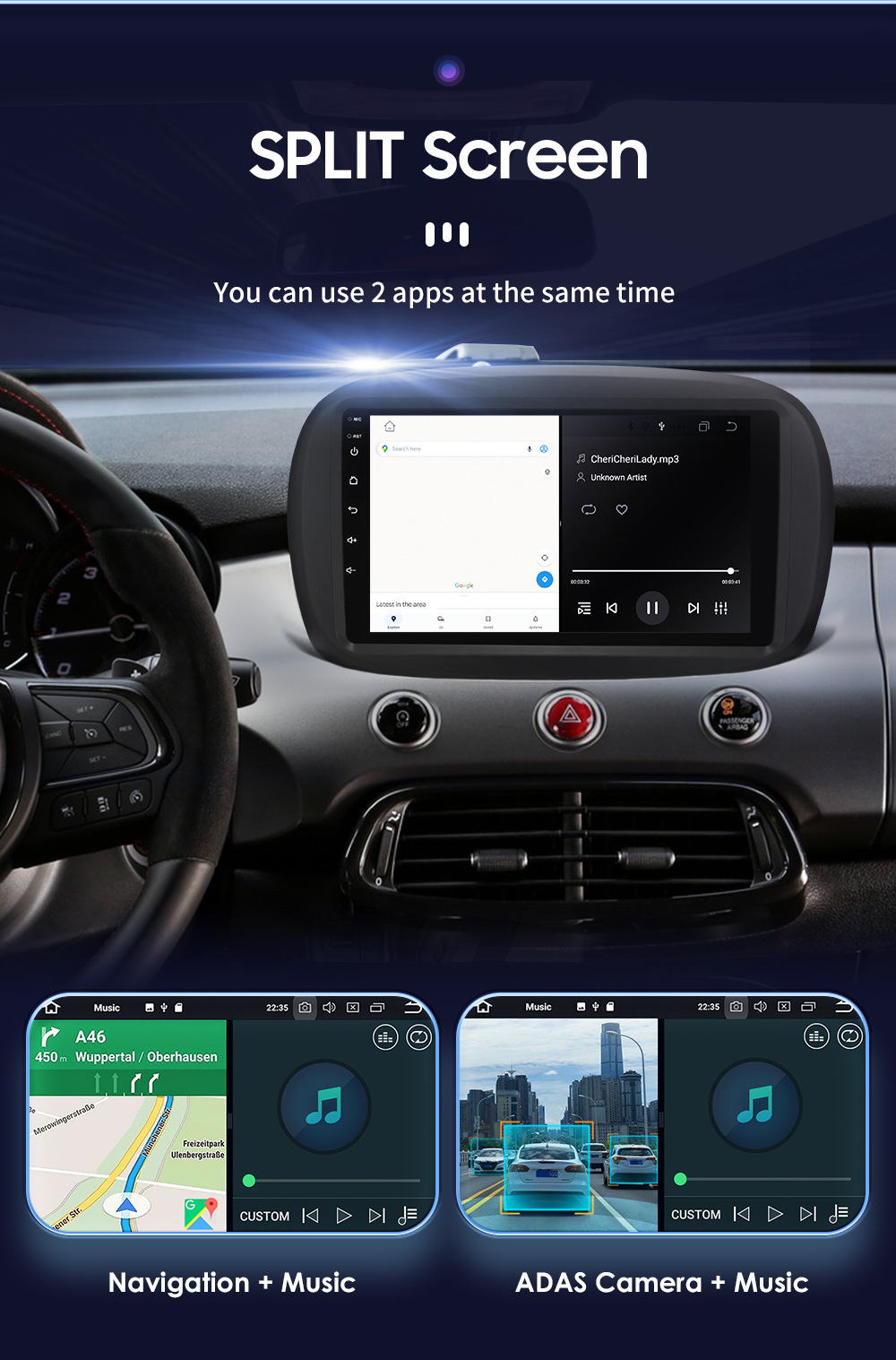 9-inch suitable for 14-20 Fiat 500X Android car central control large screen navigator Wireless carplay