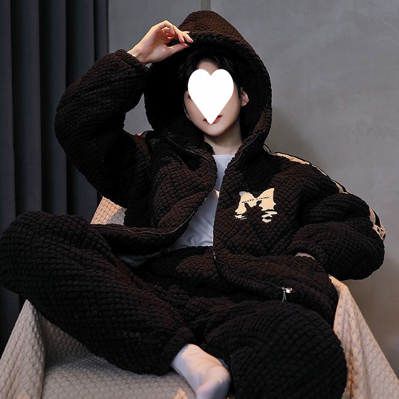 산호 벨벳 남성 잠옷 겨울 플러스 벨벳 두꺼운 3 레이어 퀼트 재킷 후드 지퍼 플란넬 홈웨어 세트