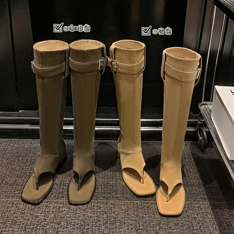 Boot nữ cổ cao ôm bắp chân da thật phong cách miền Tây — mơ, nâu chi tiết 7
