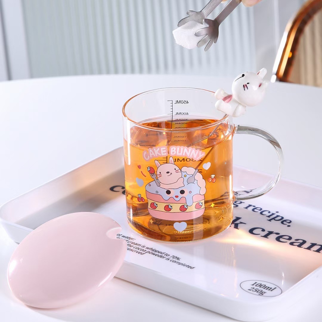 Creativo de dibujos animados tazas de animales con cubierta cuchara de oficina taza de agua con alta escala taza de vidrio de silicona personalidad