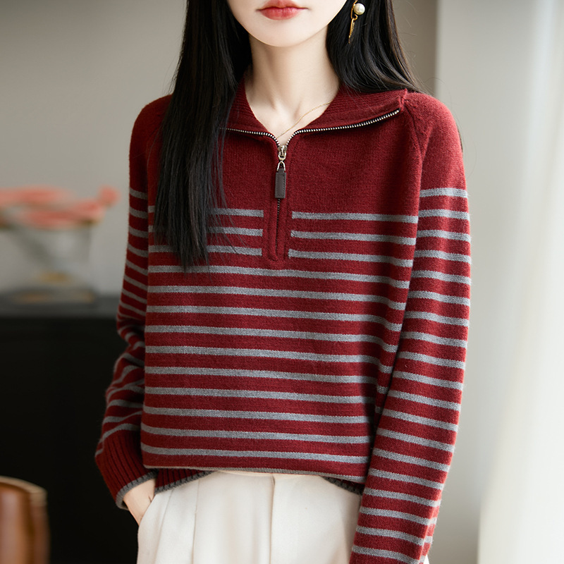 Spring and Autumn Women's Half-Open Collar Zippered Striped Sweater Knitwear 2026 New Fashion Versatile Loose Top Spring and Autumn Women's Half-Open Collar Zippered Striped Sweater Knitwear 2026 New Fashion Versatile Loose Top
