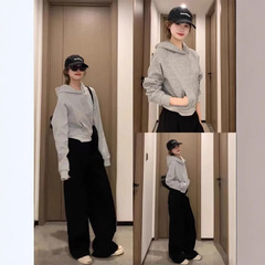 连帽卫衣灰色短款女装春秋修身显瘦上衣秋装2025新款开秋穿搭套装