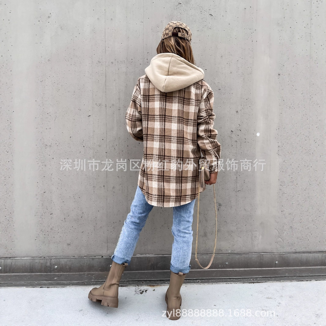 European and American Hot Style 2023 Ebay Winter Women's Outwear Fashionable Hooded (Removable) Woolen Plaid Outwear