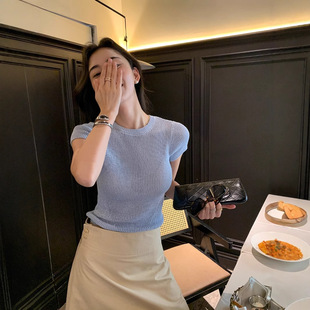 Hong Kong Rice GANGMI Upgraded Blue Tencel Short-sleeved T-shirt Women's All-match Crewneck Sweater Top 2025 Summer Dress