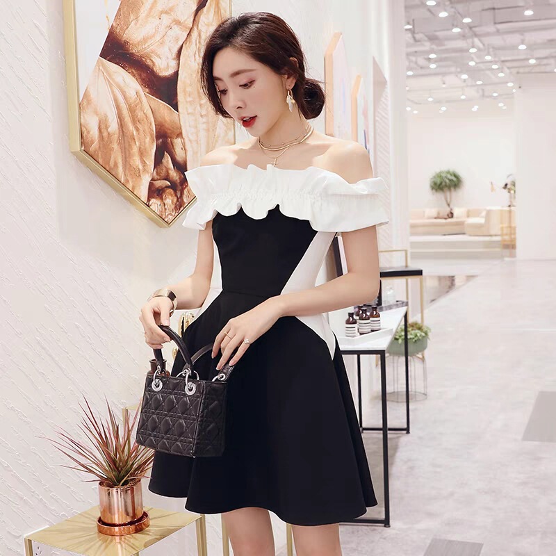 Cross-Border Exclusive Supply for Summer 2026: Black Off-Shoulder Dress for Women, Waist-Cinching, Slimming, Party and Banquet Cocktail Dress, High-Waisted