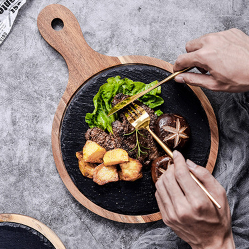 Steak Dinner Plate with Handle Household Wooden Plate Wooden Plate Western Food Tableware Cake Tray Steak Plate Rock Plate
