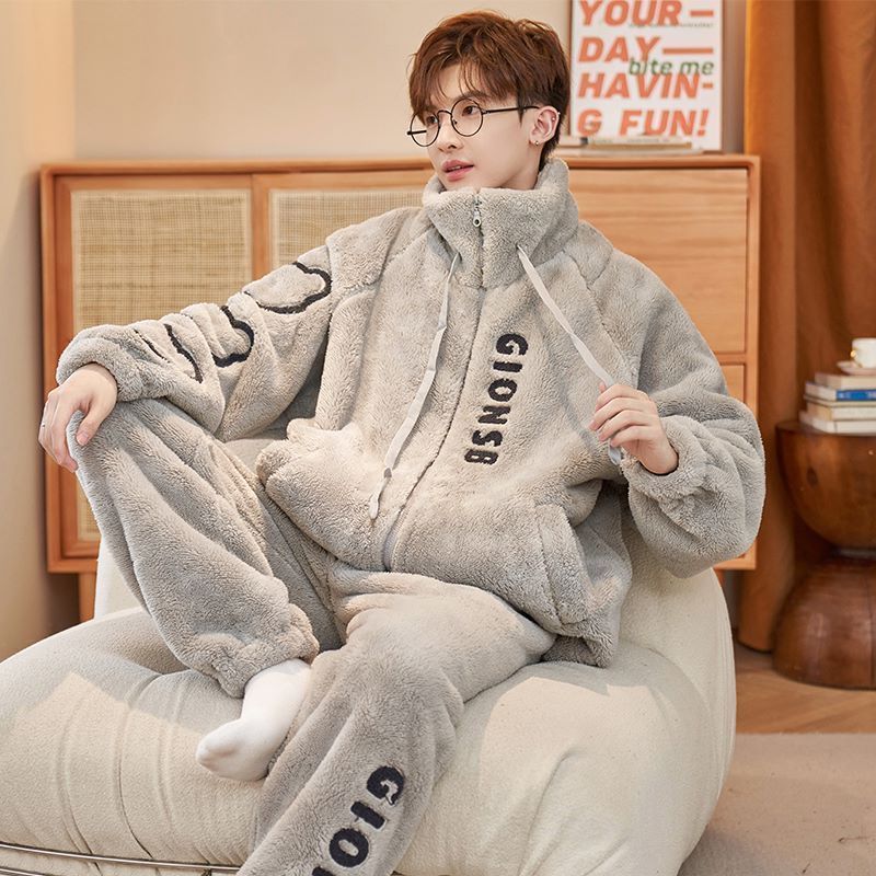 가을과 겨울 하늘 산호 양털 기모 두꺼운 남성 잠옷 홈 옷 플란넬 두건 따뜻한 청소년 세트