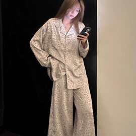 ins韩系高级感豹纹睡衣女款秋冬季新款大码长袖长裤家居服两件套