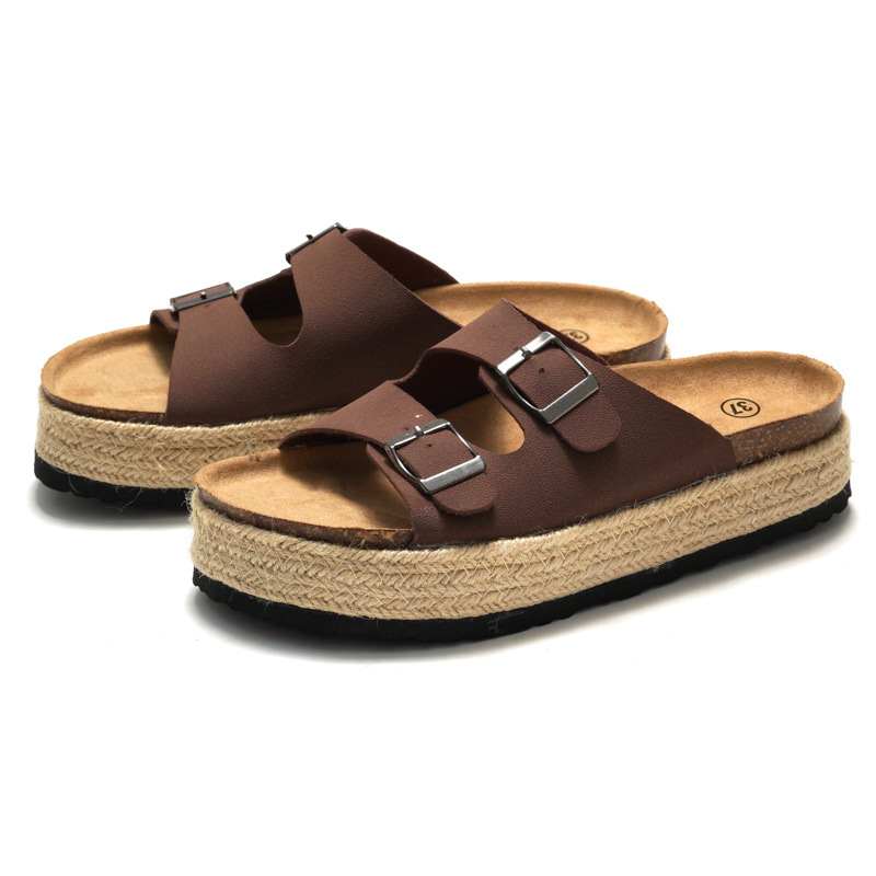 RUIZUSTOCK Sommer Neue Damen Kork Hausschuhe Dicke Sohle Damen Strand Sandalen Gewebtes Wildleder Doppelschnalle_voghion.com
