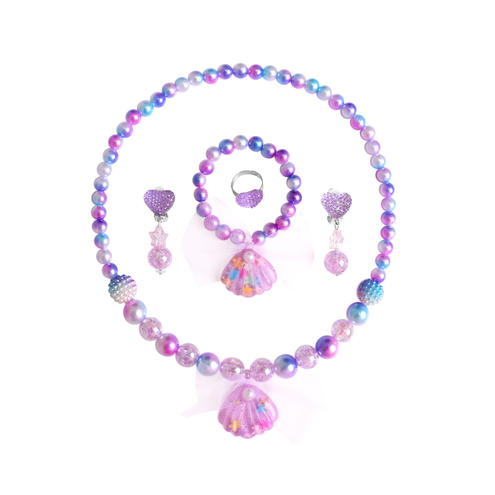 Collar para niños sirena cola collar de perlas para niñas pulsera anillo pendientes traje para niñas accesorios para bebés