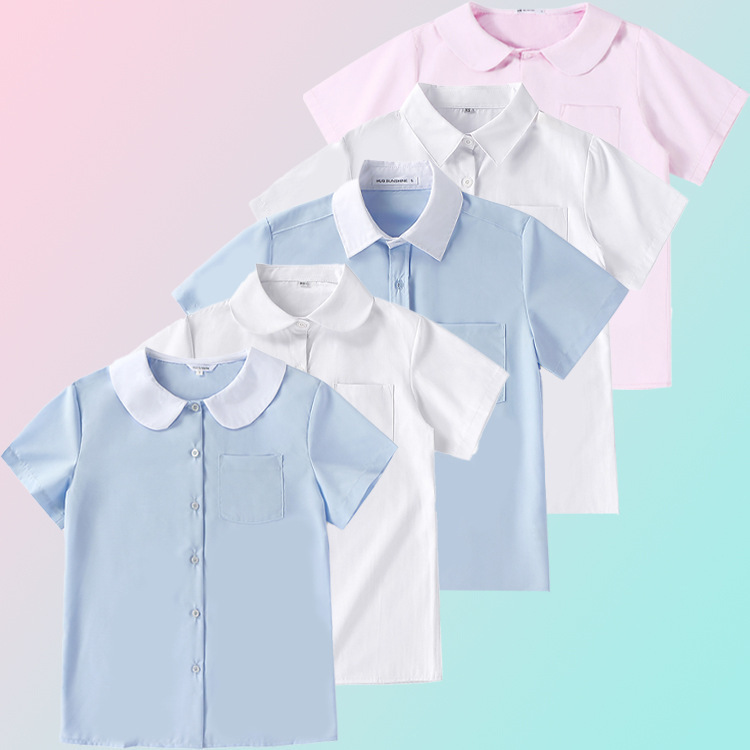 Solid Color White Blue Pink Short-Sleeved Round Neck Doll Collar School Uniform Uniform Pill襟 Japanese Style Women's Summer Shirt Top