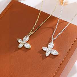 欧美跨境四叶草蝴蝶项链马眼蜡镶莫桑钻项链铜镀18k金银色项链女