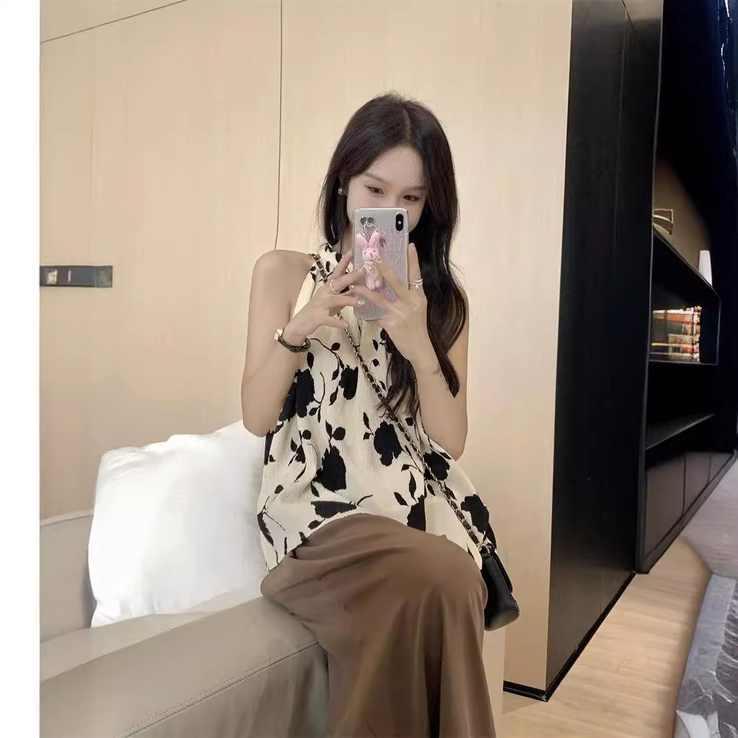 Korean style design vest for women with summer 2024 new style back tie printed temperament pleated chiffon shirt top