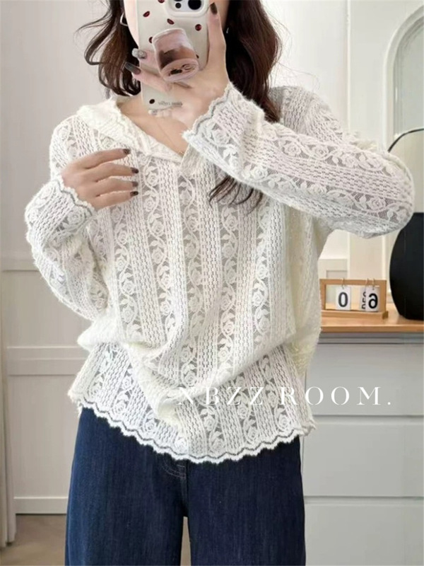 90% Nylon Heavy Lace Crochet Hollow Button Hoodie Women's Loose Flesh-Covering Layered Top 2025 Early Autumn 90% Nylon Heavy Lace Crochet Hollow Button Hoodie Women's Loose Flesh-Covering Layered Top 2025 Early Autumn