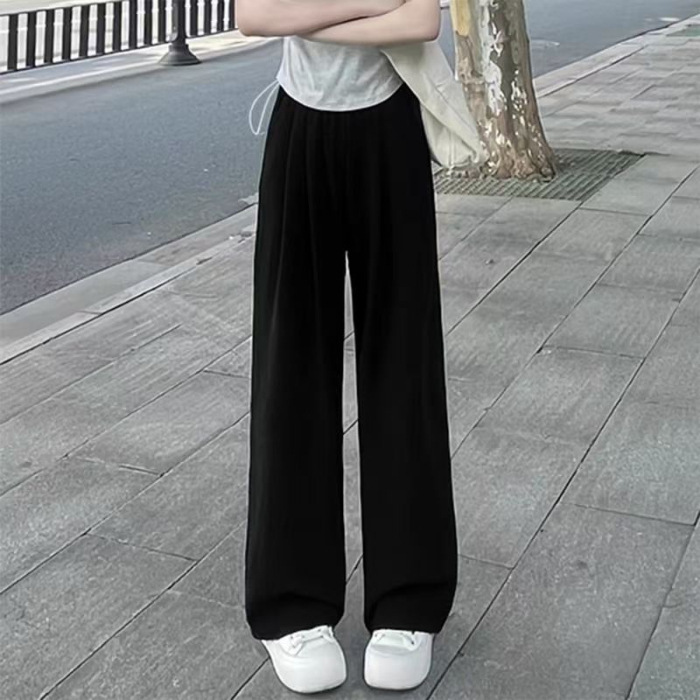 夏季薄款小个子女无托腹宽松夏款奶芙休闲长裤子外穿裤阔腿裤粉色|undefined
