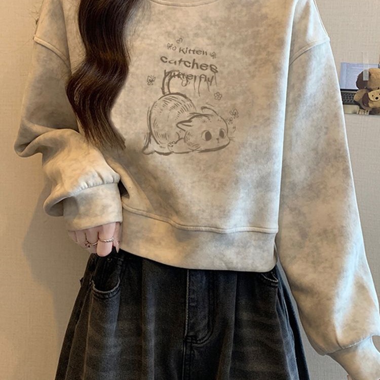 美式短款扎染卫衣女圆领秋冬款百搭时尚宽松小个子学院风洋气上衣