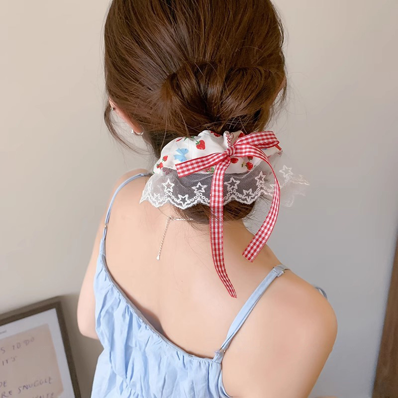 Japón chica fresas impresión toallas cuadrada anillo de cabello de encaje estilo pastoral trampa intestino fresco cuerda de cabeza