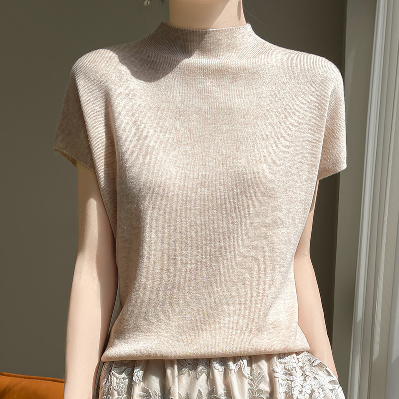 Cross-Border 2025 Spring/Summer New Women's Versatile Half-High Collar Knit Top Short-Sleeve Pullover