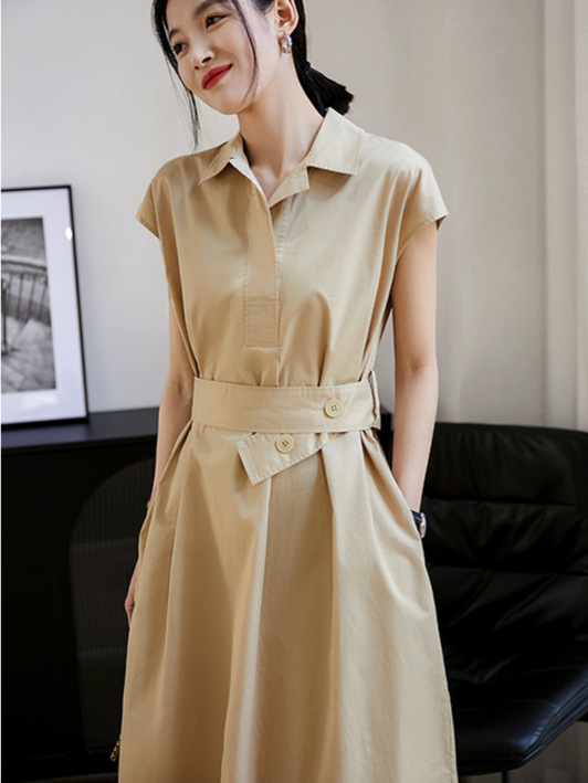 Đầm suông midi cổ polo tay ngắn phong cách Pháp — đen