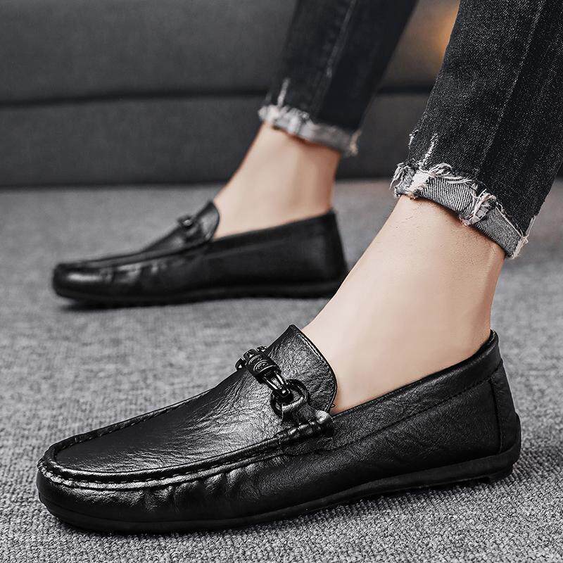 Giày lười nam da PU mũi tròn đế phẳng kiểu mới mùa thu, giày lái xe slip-on — 9108 đen, màu đen