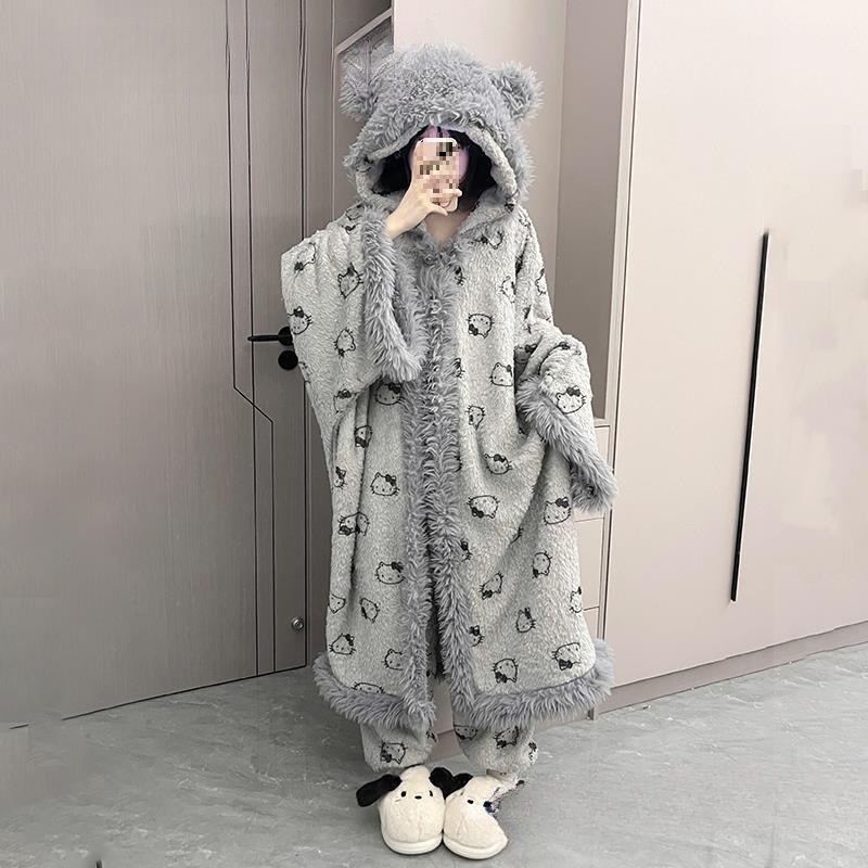 睡袍女冬斗篷加厚季亲肤加绒睡衣居家服套装珊瑚绒包邮代发批发包