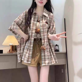 2025夏季新款女装美式趣味小狗格纹短袖衬衫设计感小众上衣外套