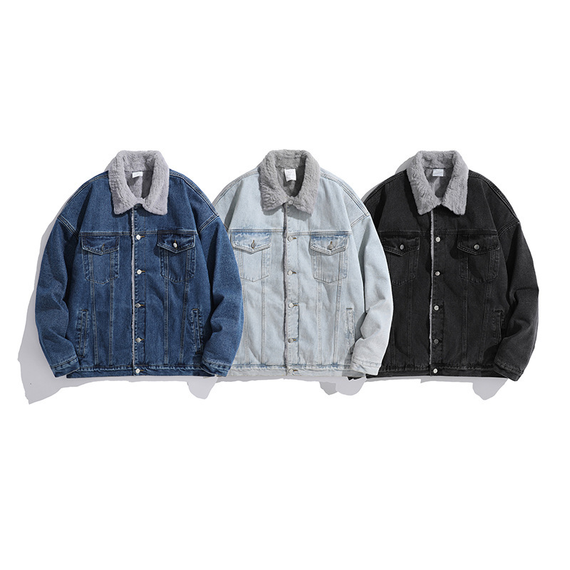 Washed Faux Rabbit Fur Winter Fleece-Lined Denim Jacket for Men, Loose Trendy Versatile Stylish Thick Warm Casual Jacket