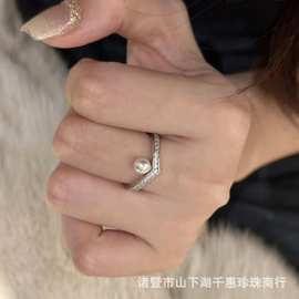s925银法式天然珍珠戒指女轻奢小众设计简约百搭可调节指环