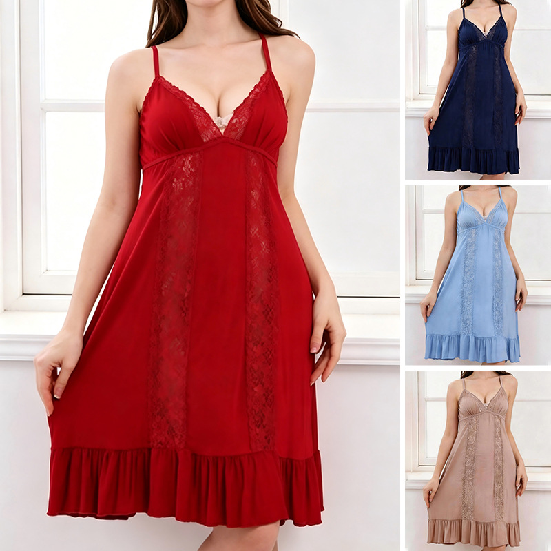 Cross-Border European and American Summer French-Style Nightgown, Breathable and High-End, Red Semi-Transparent Sexy Nightgown Wholesale