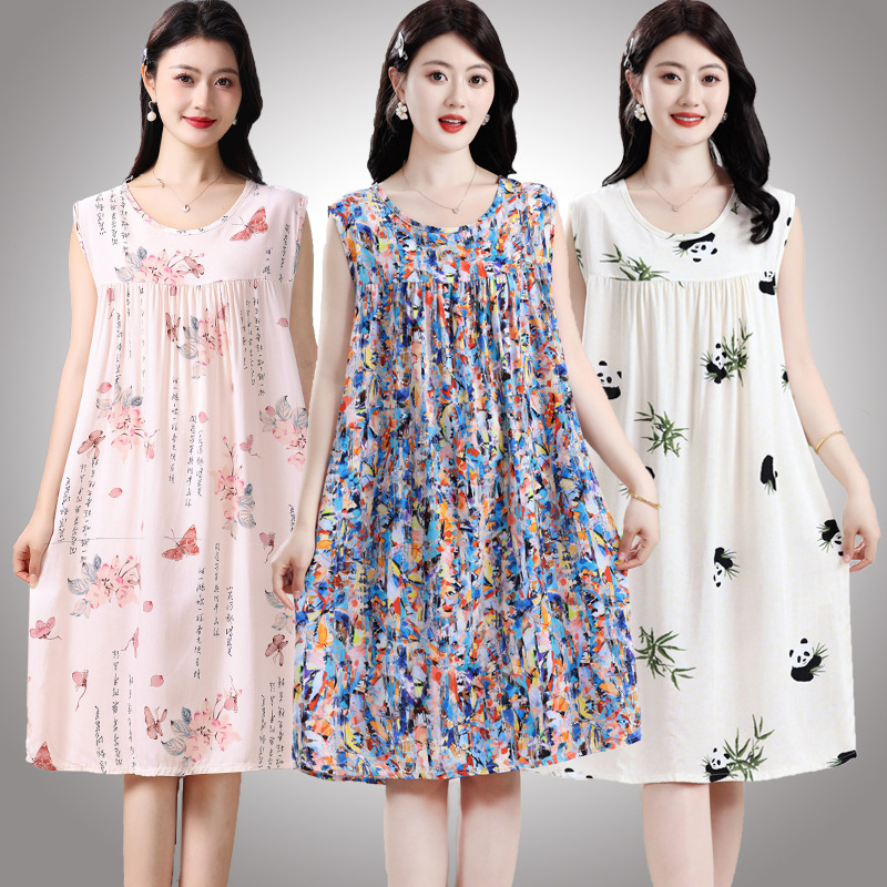 Cotton Silk Nightgown Women's Summer Middle-aged Pajamas Artificial Cotton Sleeveless Dress Mid-length Casual Home Clothes Mother's Clothes