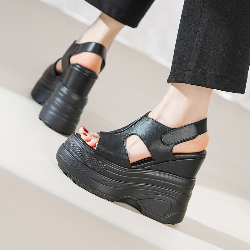 Sandal đế xuồng nữ Yichuan gót 14cm đế dày nhẹ mùa hè — Màu đen, Màu trắng, Màu bạc