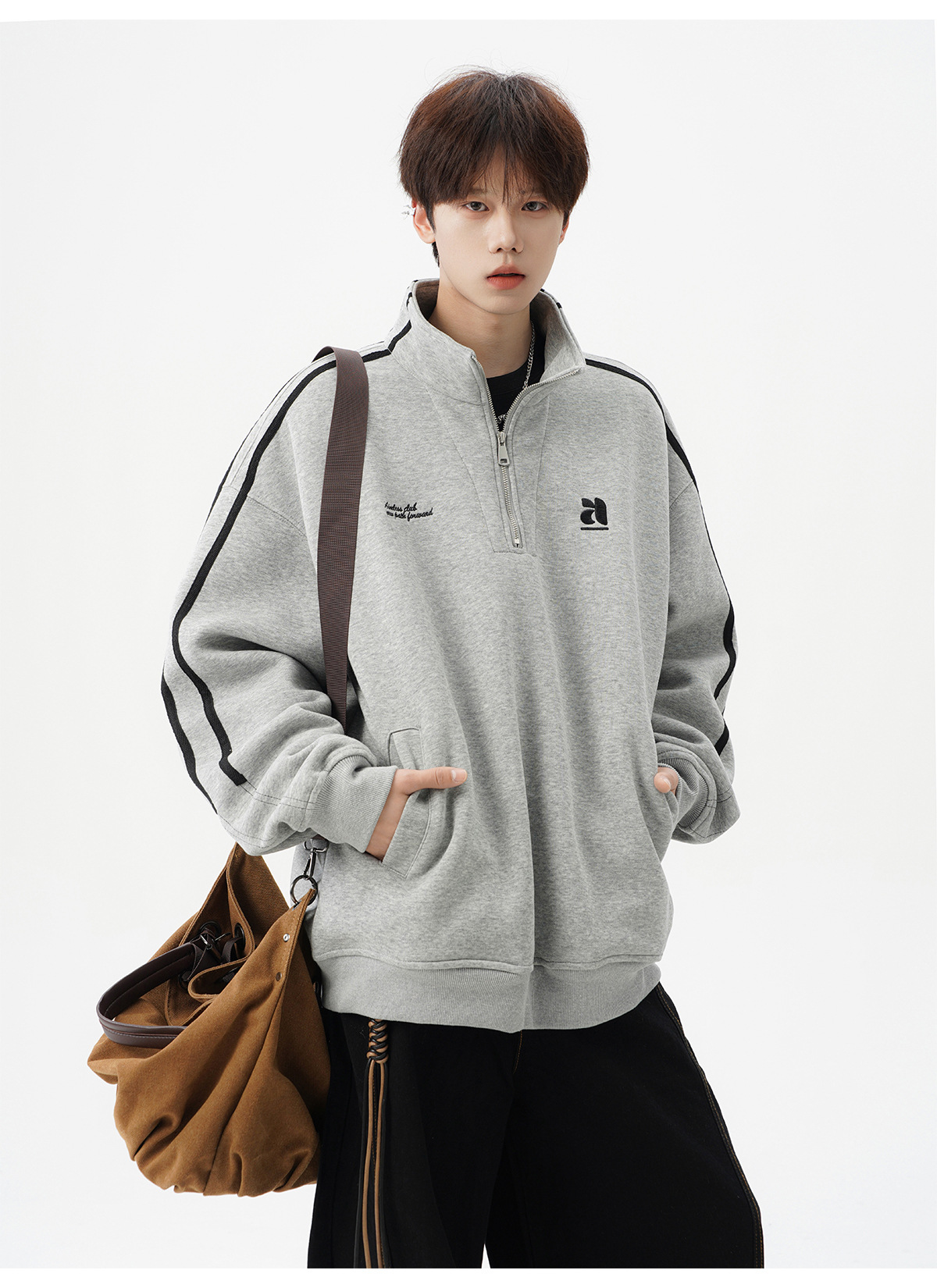 American Striped Stand-up Collar Couple Sweater Men's Autumn Tide Brand Retro Half-zipper Top Design Sense Heavy Sports Jacket_viptrois.com