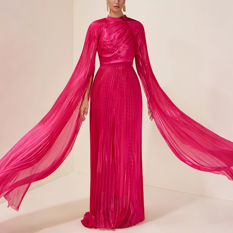 Elegant Lady-Style Dress for Banquets and Parties, 2026 Summer New Style, Half-High Collar, Pleated, Rose Red, Extra-Long Dress for Women
