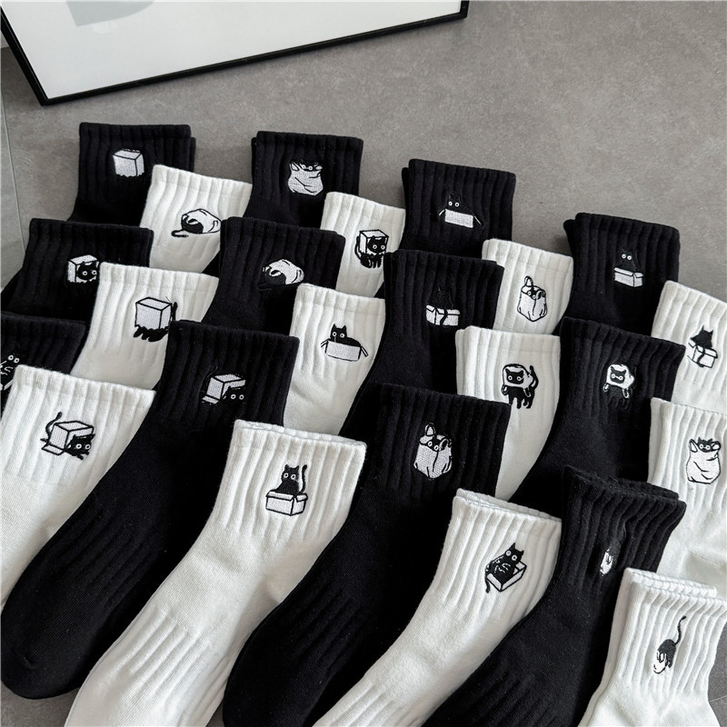 Cityboy Socks Men's and Women's Socks Ins Trendy Cartoon Cat Street Accent Black and White Socks Sports Short Cotton Socks