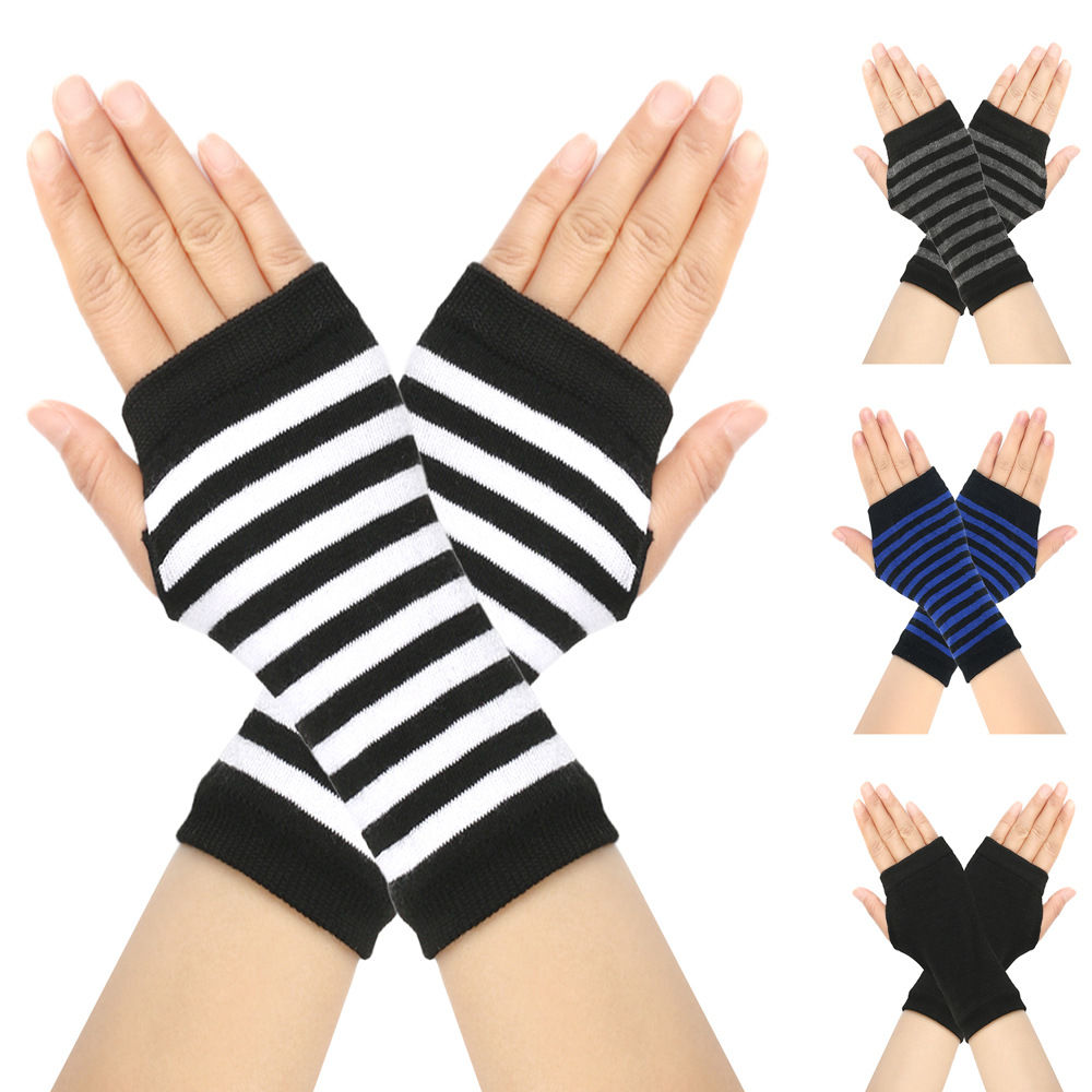 Mangas de muñeca abiertas a rayas para hombres y mujeres, tejido fino, guantes cortos de escritura para niños, color sólido, para hacer uno mismo_voghion.com