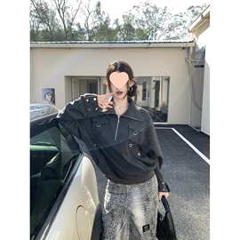 大翻领半拉链卫衣女春季新款休闲显瘦设计感宽松套头立领口袋上衣