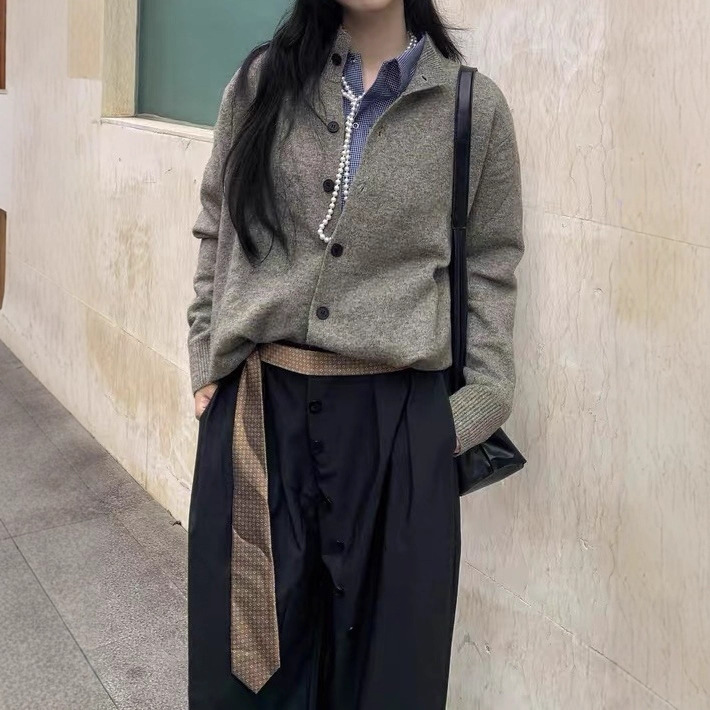 Japanese Retro Old Money Style Stand Collar Knit Cardigan Jacket Solid Color Simple Versatile Lazy Sweater