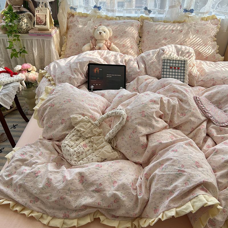 a类母婴级韩系皱皱云感双层纱花边被套床单四件套套学生宿舍3件套