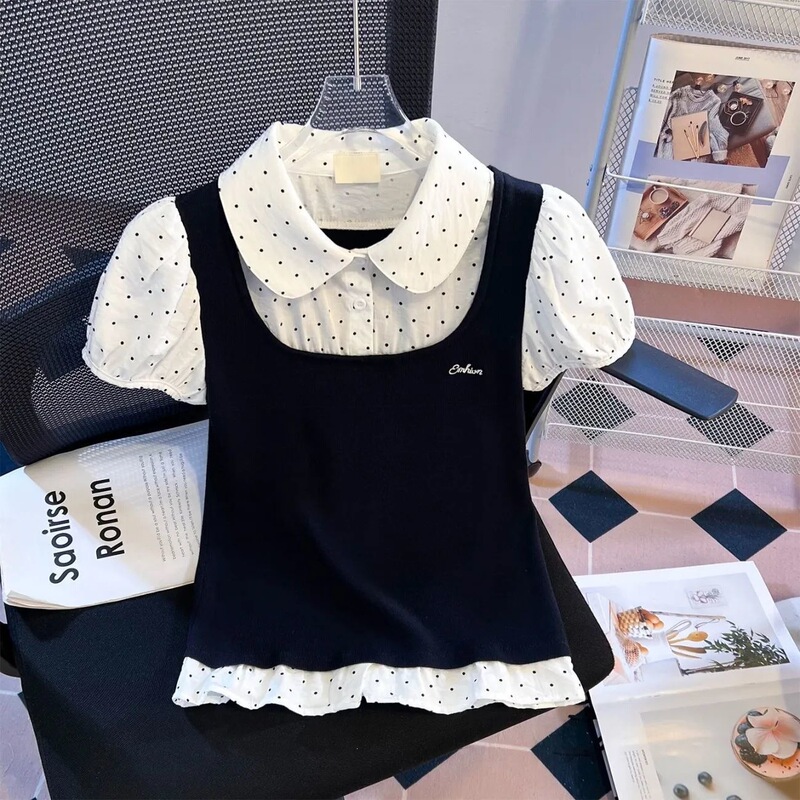 2026 Polka Dot Fake Two-Piece Short Sleeve T-Shirt for Women with Doll Collar, Puff Sleeves, and Spliced Design, Youthful College Style Top 2026 Polka Dot Fake Two-Piece Short Sleeve T-Shirt for Women with Doll Collar, Puff Sleeves, and Spliced Design, Youthful College Style Top