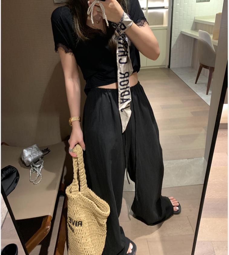 Quần culottes nữ ống rộng cạp chun rút dây chất liệu linen phối tencel dáng dài mùa hè — màu đen, Trà trắng, xanh lam chi tiết 9