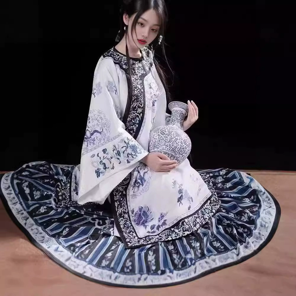 [Сине-белая фарфоровая] Антикварная одежда с принтом в стиле ретро Цин Хань, женская одежда, клетчатая плиссированная юбка с принтом династии Хань