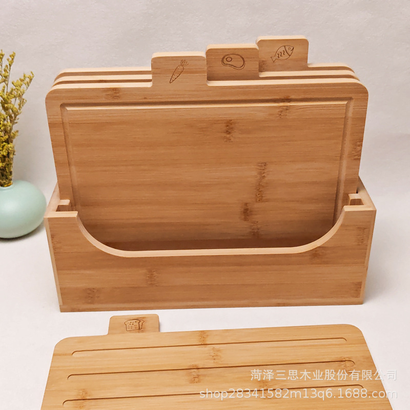 Cross-Border Bamboo Cutting Board Wholesale Bamboo Cutting Board Hand Fruit Cutting Board Double-Sided Household Solid Wood Five-Piece Cutting Board Case