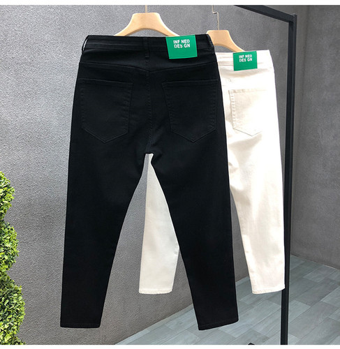 Black pure denim jeans for men trendy slim fit ankle-length nine-hole pants for men stylish young white casual pants