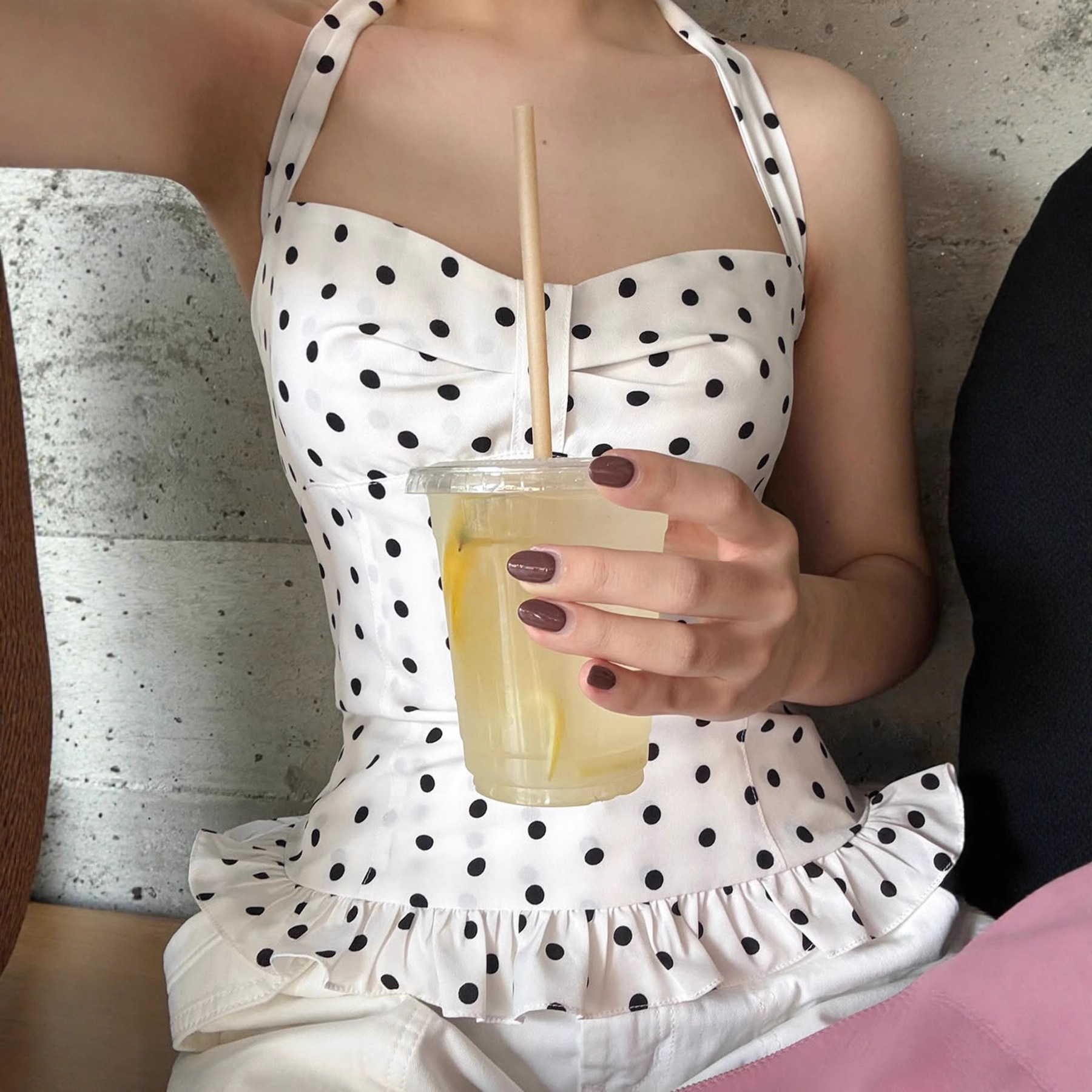 Women's Clothing Women's French Polka Dot Print Bustier Top Halter Neck Tie Vest Pure Sexy Princess Style Waist Cinching_ecoleips.com