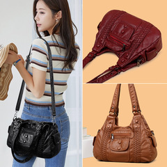 復古水洗皮女包托特包新款跨境風pu軟皮女士單肩斜挎包中年媽媽包