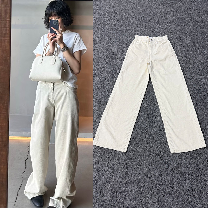 The White Corduroy Jeans for Women High-Waisted Straight-Leg Wide-Leg Solid Color Versatile Casual Wide-Leg Long Pants for Women 2025