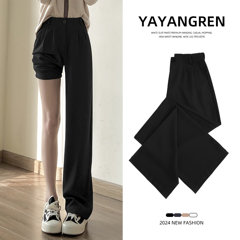 Black Women's Suit Pants, Long Trousers for Autumn, Professional Formal Wide-Leg Pants, High-Waisted, Drapey Straight-Leg Work Trousers