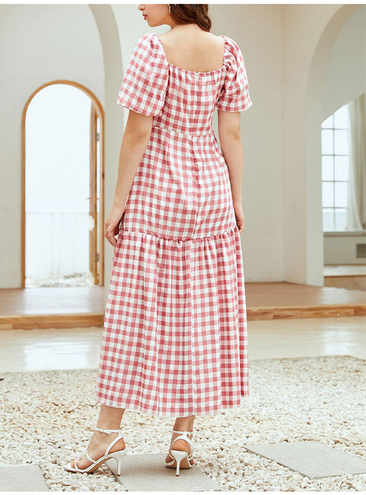 plaid print Puff short-sleeved buttoned decorated Slim casual Long Dress  NSGHF122942