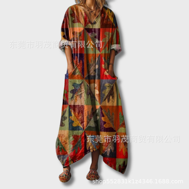 2025新款独立站女式复古花卉艺术图案印花口袋V领口袋连衣裙2|undefined
