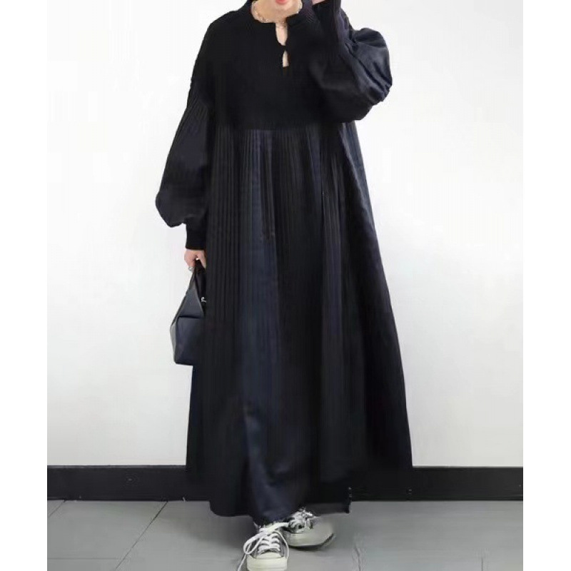 Cross-Border Amazon Casual Plus-Size Pleated Diamond-Pattern Sweater Patchwork Dress Autumn and Winter Retro Lantern Sleeve Long Dress